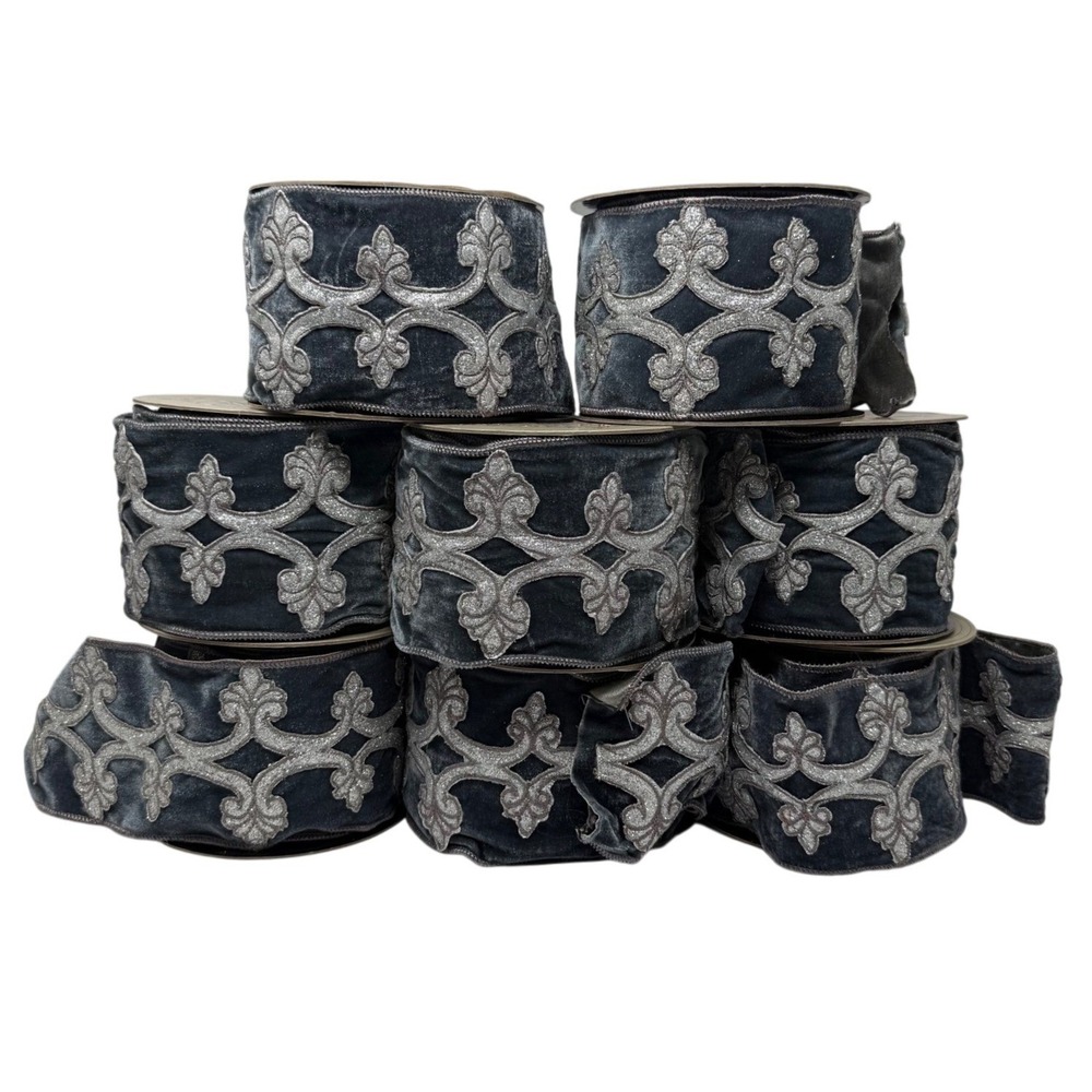 d. stevens French Blue Velvet Ribbon 4in x 5yd Silver Glitter Damask 4002025 Lot